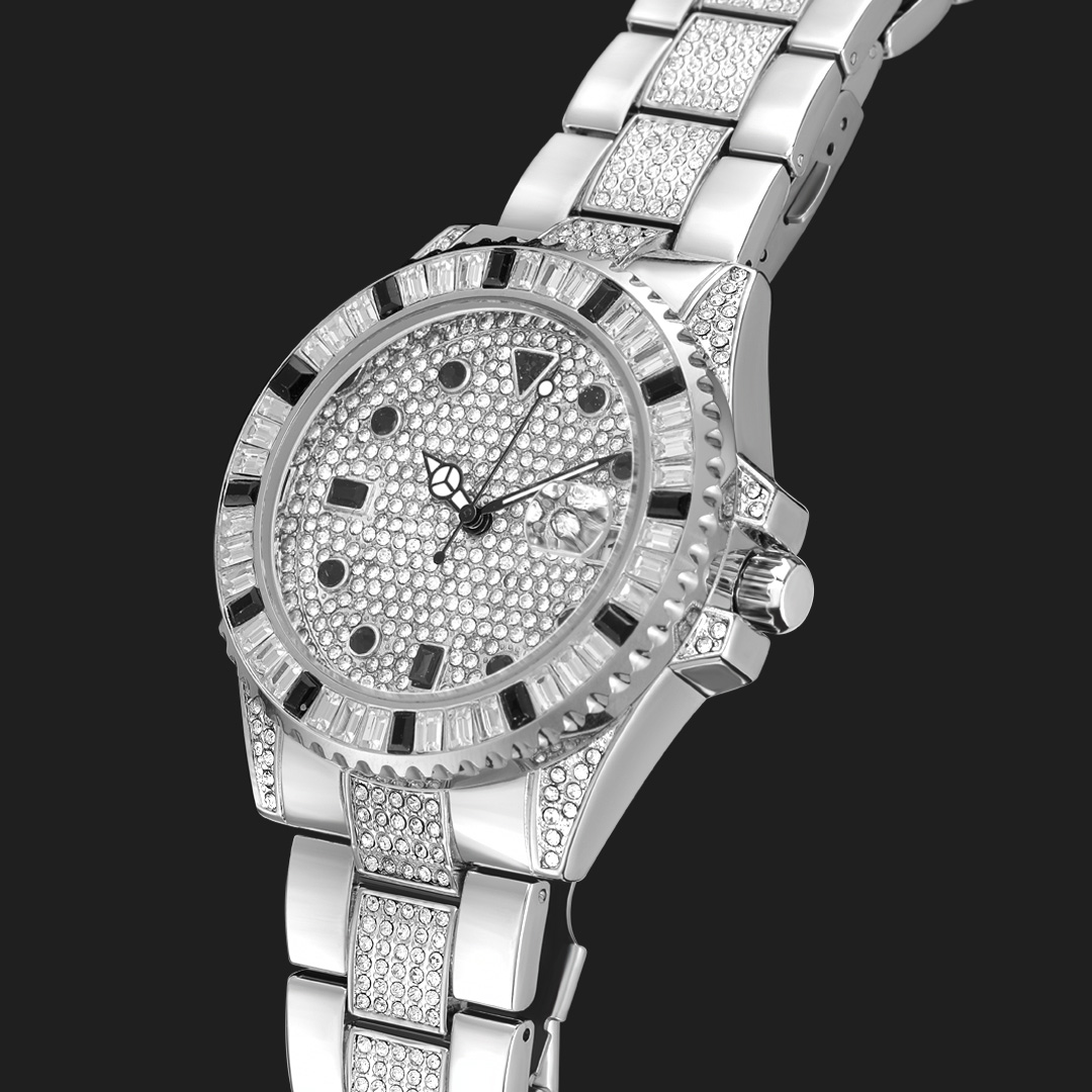  Iced Black Stones Rotatable Bezel Watch in White Gold