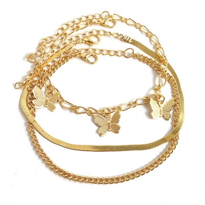 Butterfly Charm Snake Chain Anklet 3Pcs Set
