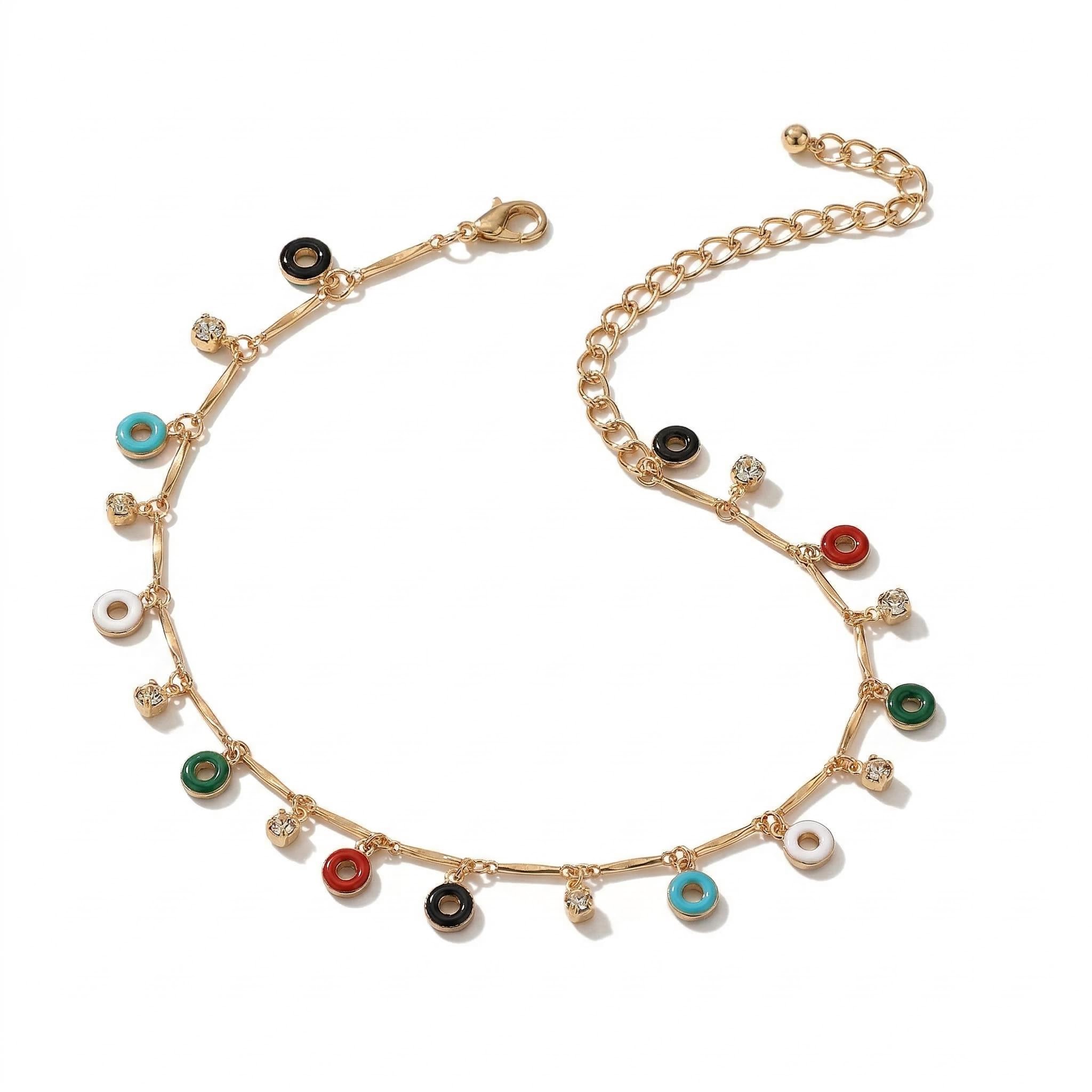 Enamel Circle Donuts Club Chain Crystal Beaded Anklet