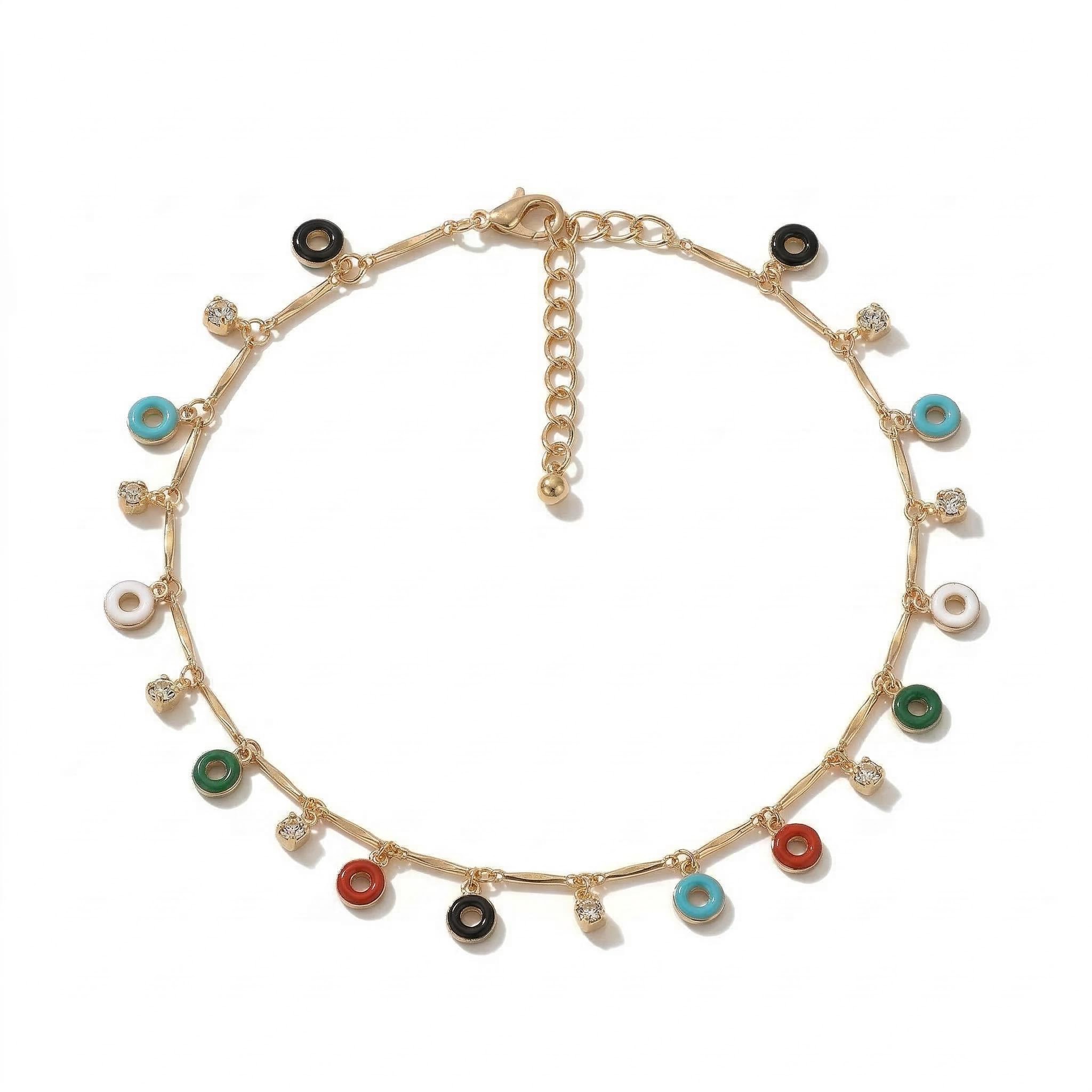 Enamel Circle Donuts Club Chain Crystal Beaded Anklet