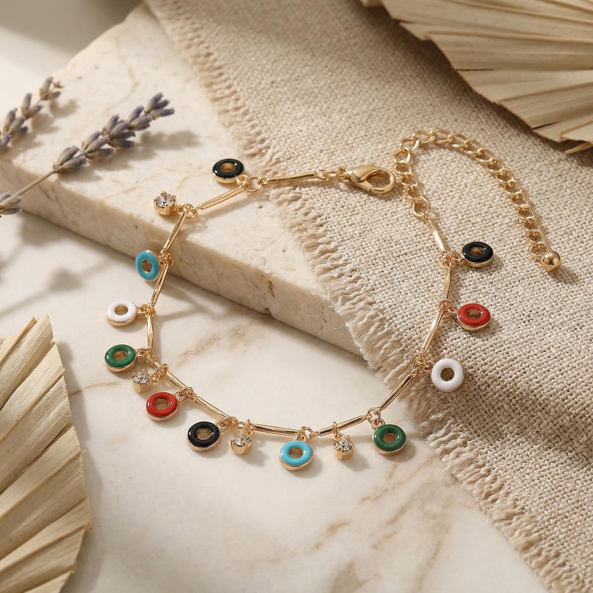 Enamel Circle Donuts Club Chain Crystal Beaded Anklet