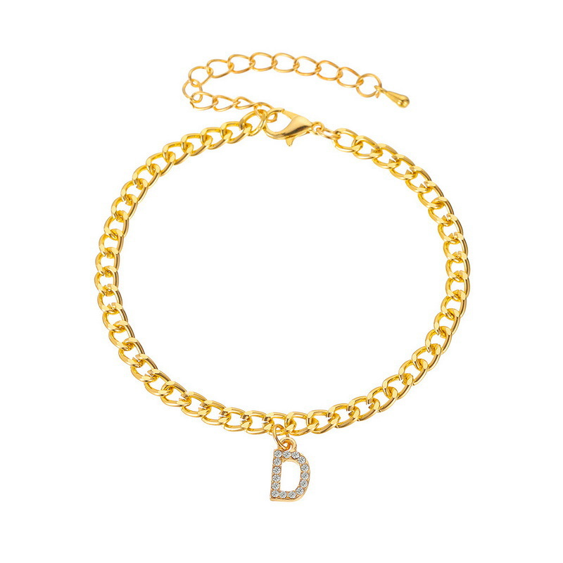  Iced A-Z Initial Letter Charm Gold Plated Cuban Chain Anklet