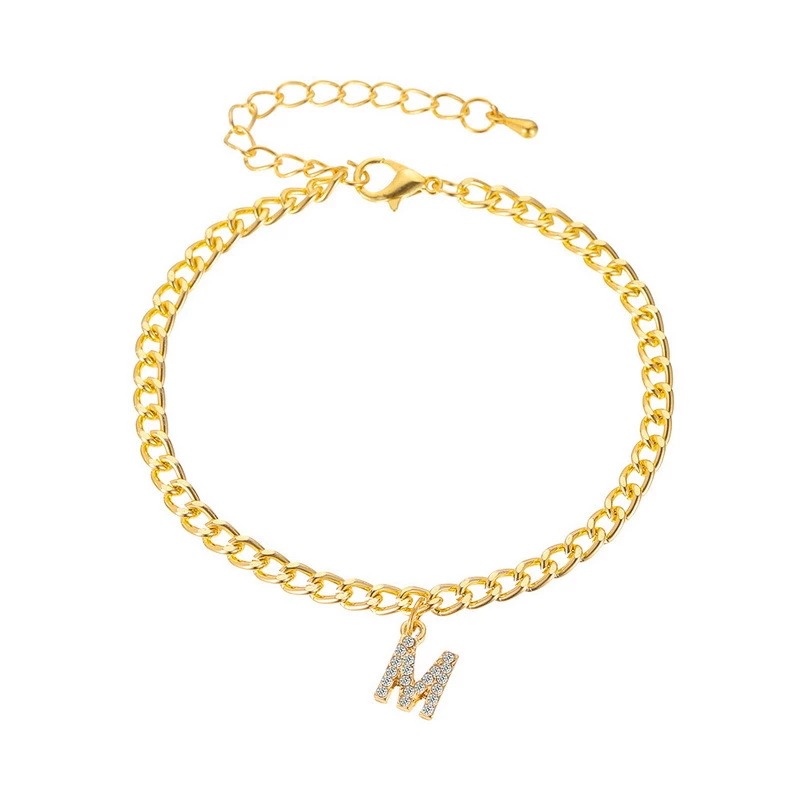  Iced A-Z Initial Letter Charm Gold Plated Cuban Chain Anklet