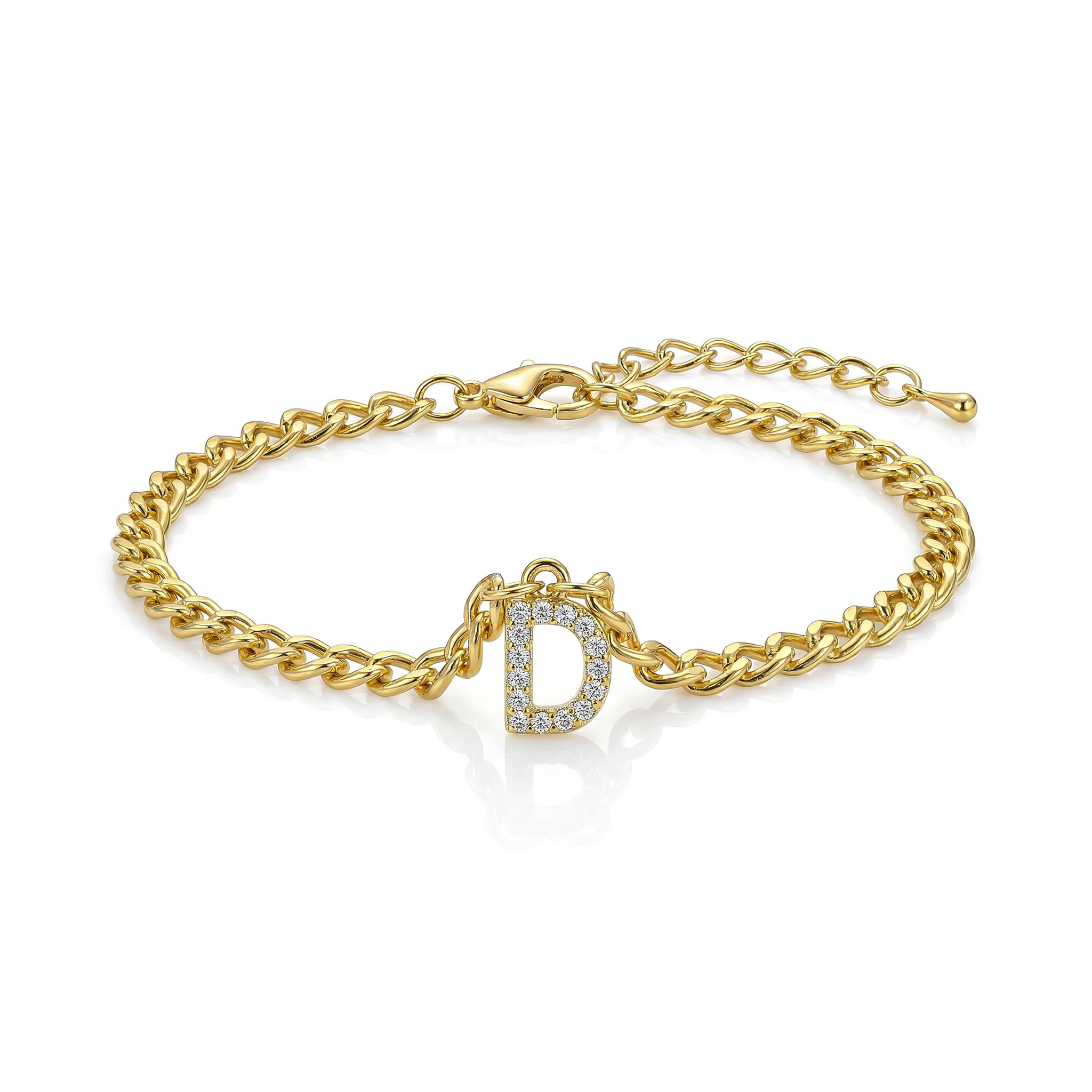 Iced A-Z Initial Letter Charm Gold Plated Cuban Chain Anklet
