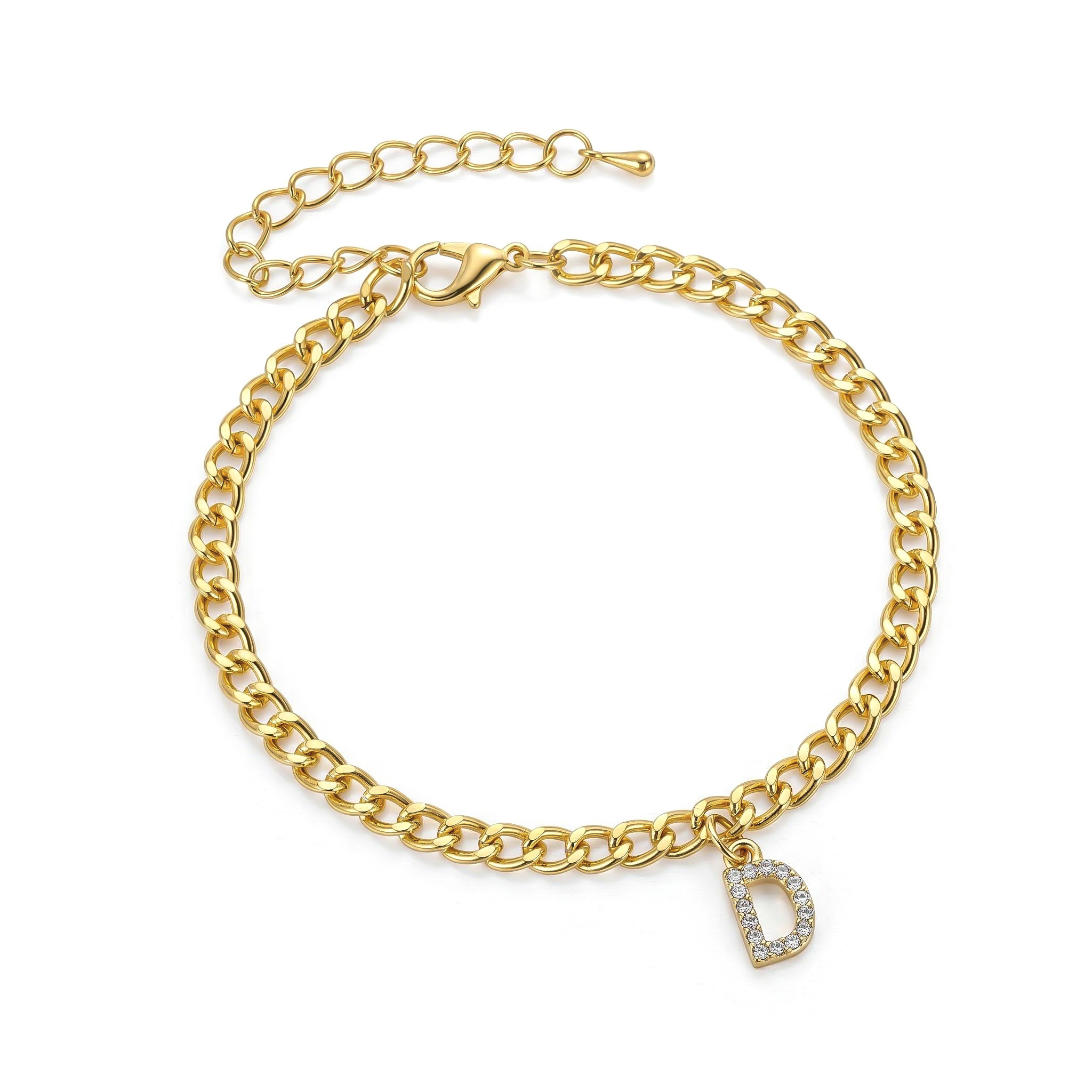 Iced A-Z Initial Letter Charm Gold Plated Cuban Chain Anklet