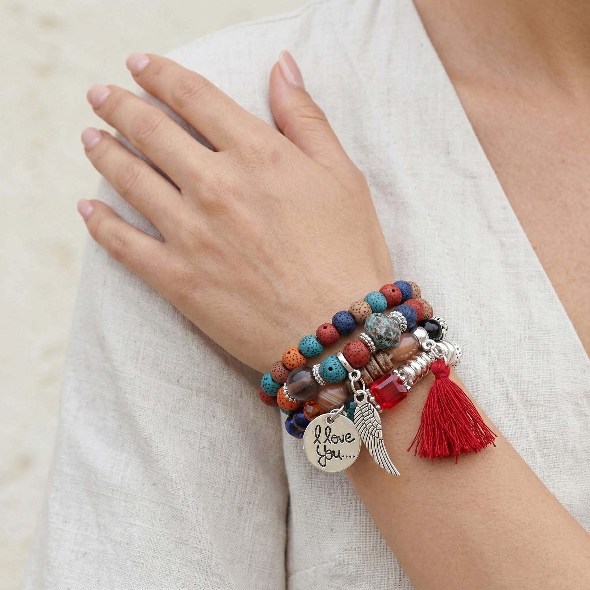 'I Love You' Angel Wing Handmade Beaded Bracelet Set