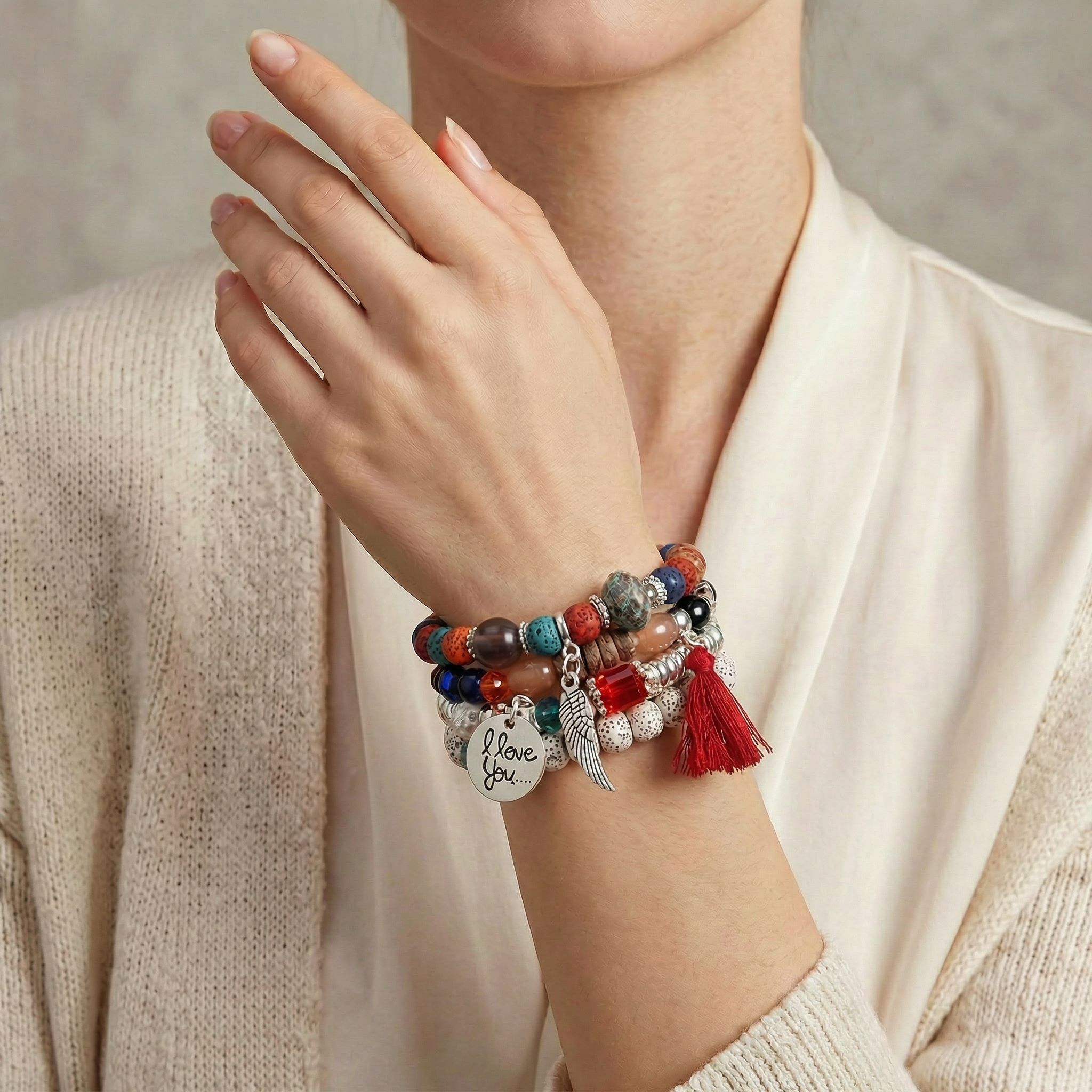 'I Love You' Angel Wing Handmade Beaded Bracelet Set