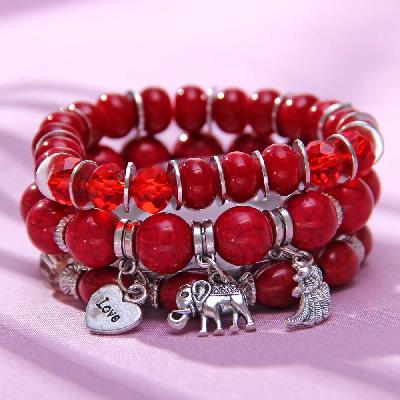 Elephant Feather Charm Handmade Beaded Bracelet Set