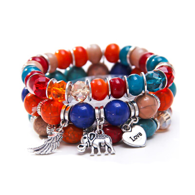 Elephant Feather Charm Handmade Beaded Bracelet Set