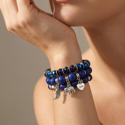 Elephant Feather Charm Handmade Beaded Bracelet Set