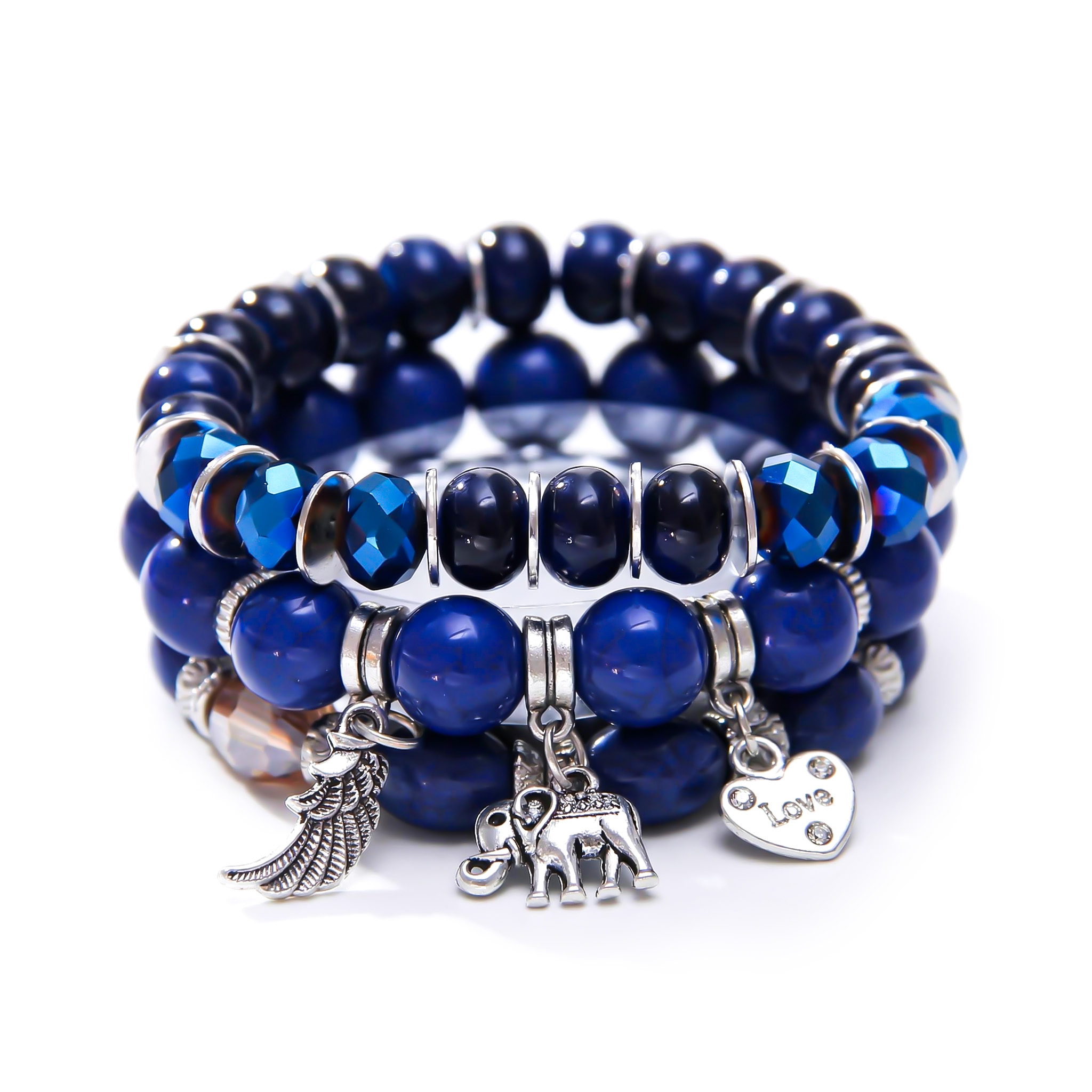 Elephant Feather Charm Handmade Beaded Bracelet Set
