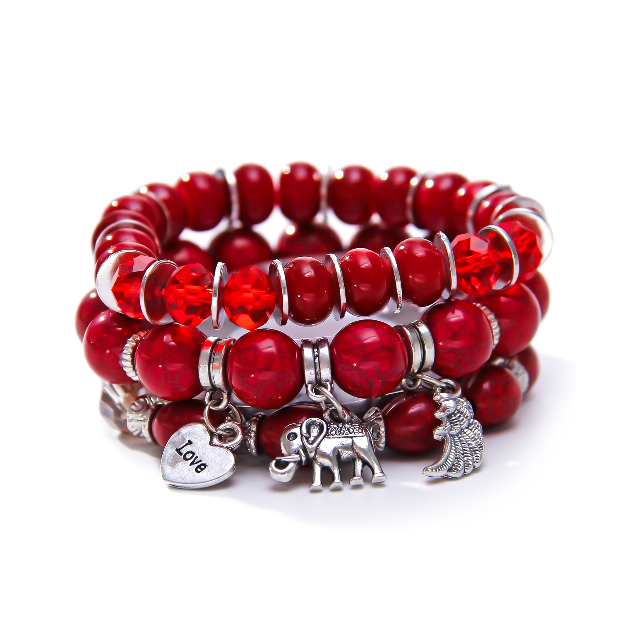 Elephant Feather Charm Handmade Beaded Bracelet Set