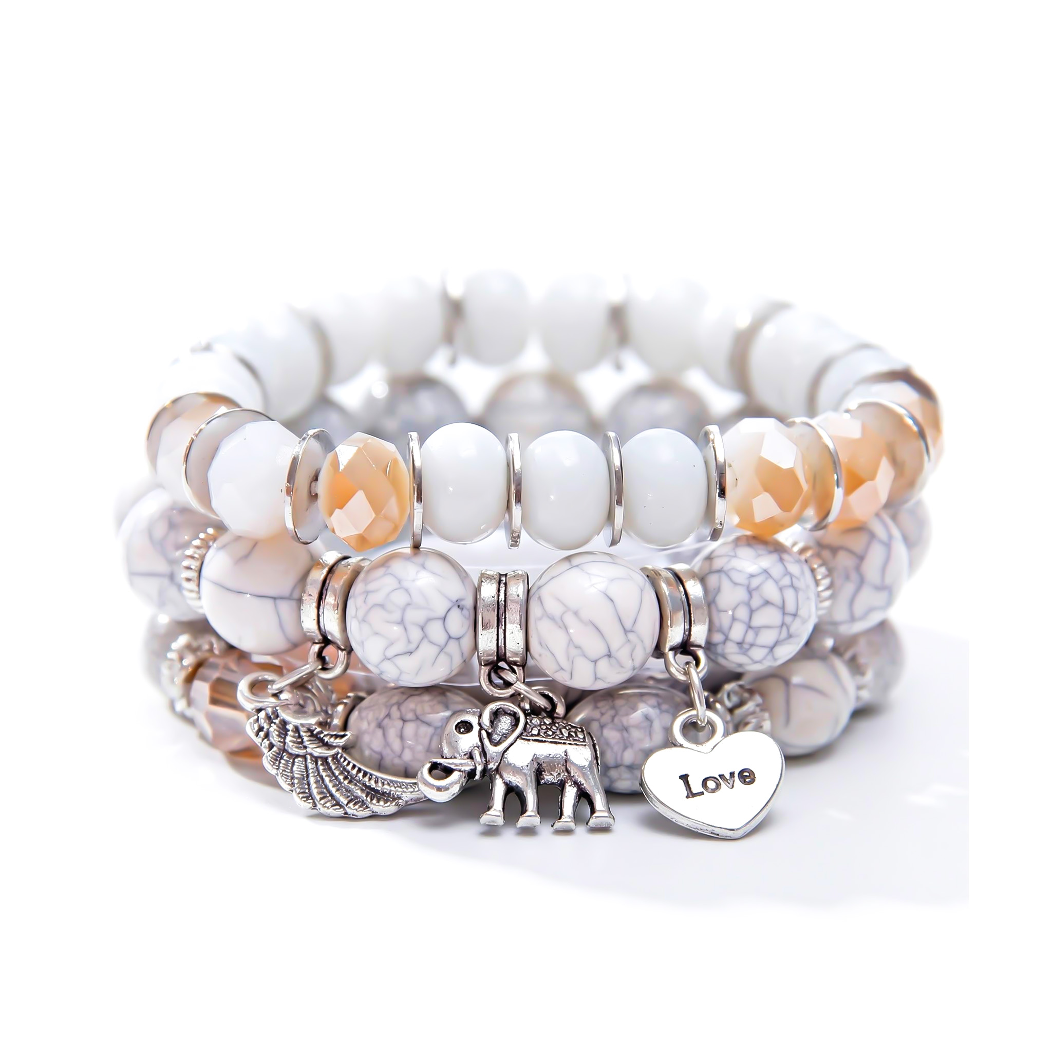 Elephant Feather Charm Handmade Beaded Bracelet Set