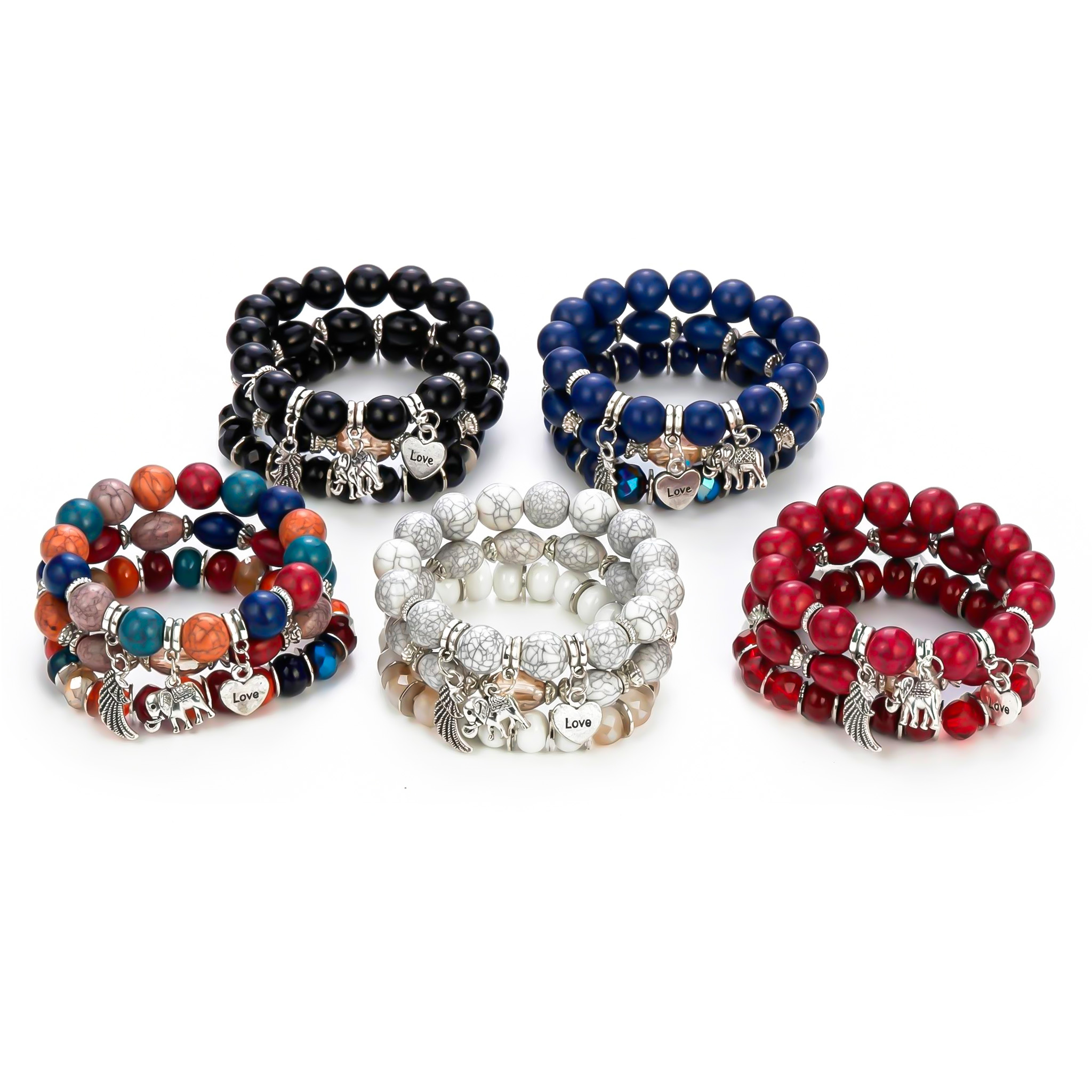 Elephant Feather Charm Handmade Beaded Bracelet Set