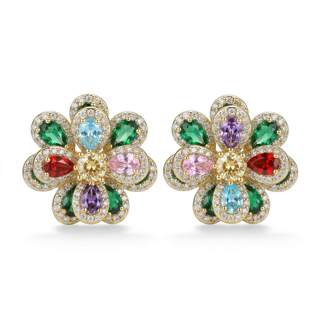  Iced Multi-color Camellia Stud Earrings