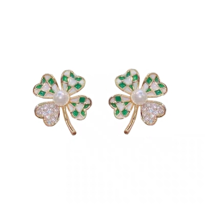 Checkerboard Four-leaf Clover Earrings