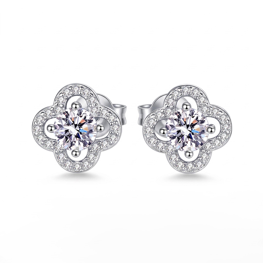 0.5ct Round-cut Sterling Silver Four-leaf Clover Stud Earrings