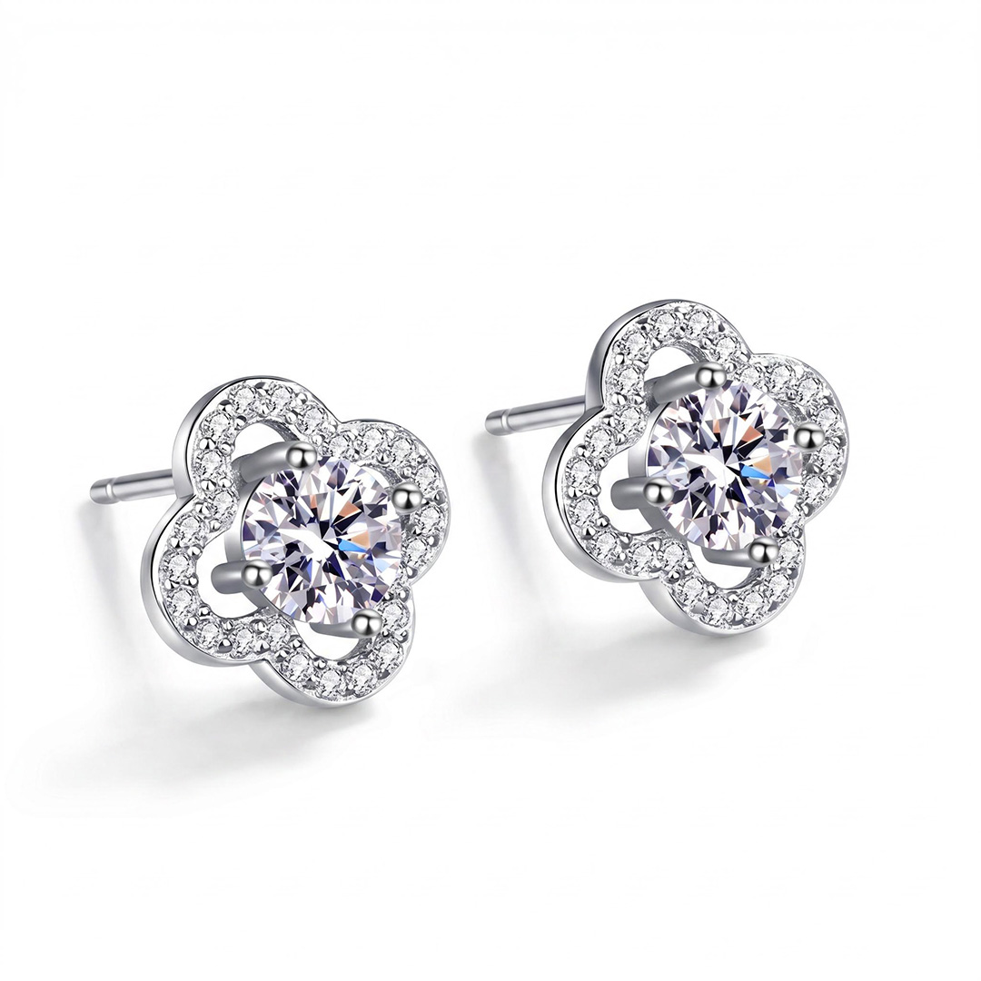 0.5ct Round-cut Sterling Silver Four-leaf Clover Stud Earrings