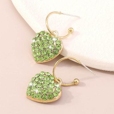  Iced Green Stones Heart Charm Earrings