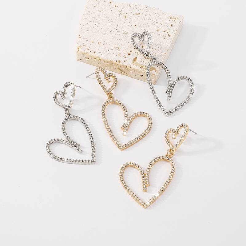 Iced Heart Dangle Earrings in Gold and Silver