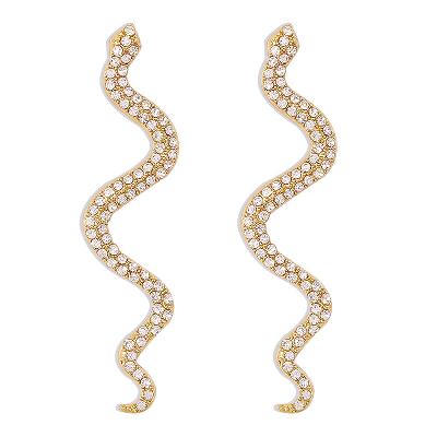 Iced Curved Snake Earrings in Gold