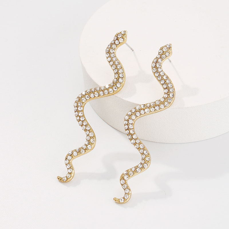 Iced Curved Snake Earrings in Gold
