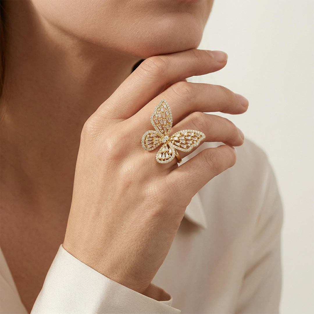 Women's Baguette Stone Butterfly Open Ring