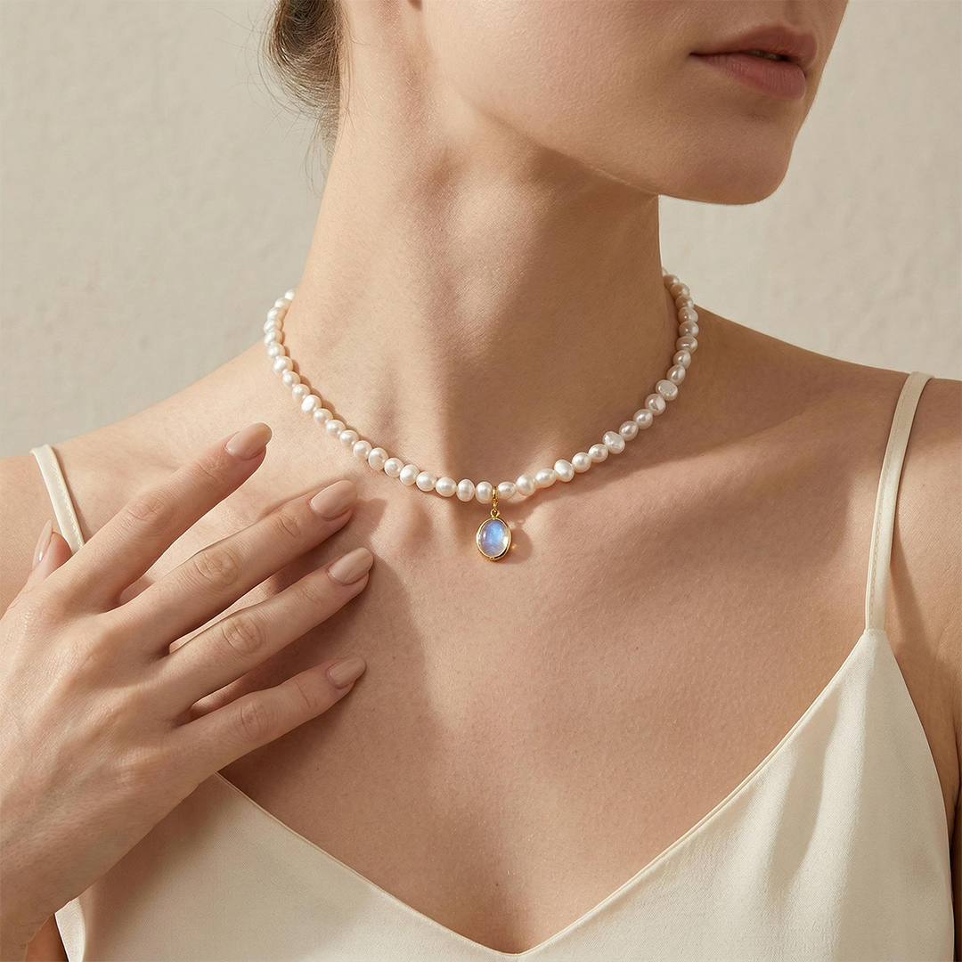 11mm Baroque Pearl with Moonstone Choker Necklace
