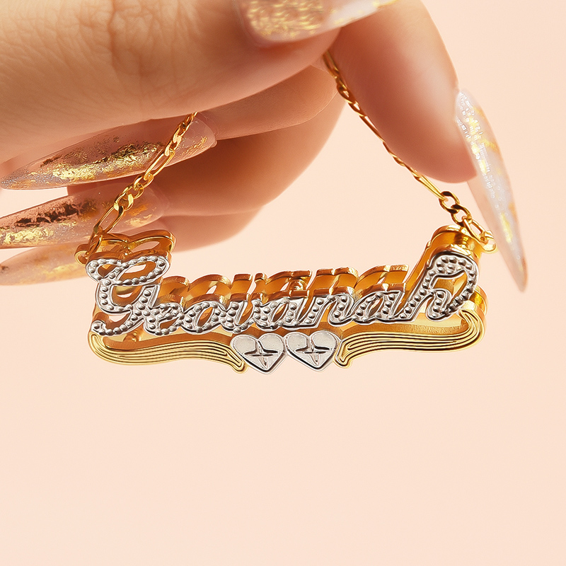 Personalized Two Tone Two Heart 3D Name Necklace