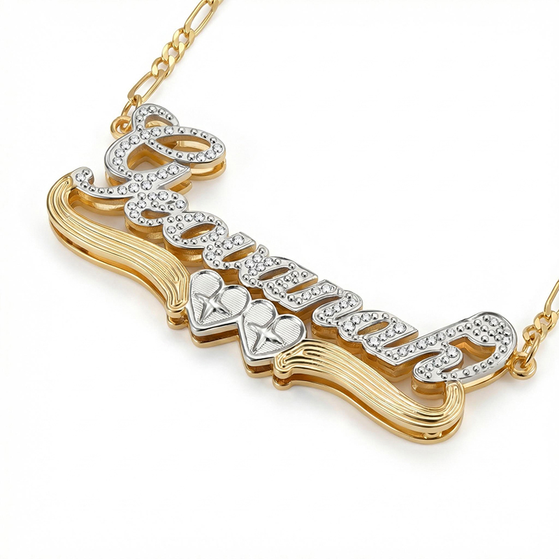 Personalized Two Tone Two Heart 3D Name Necklace Personalized Two Tone Two Heart 3D Name Necklace