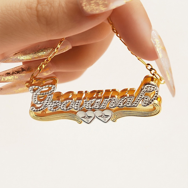 Personalized Two Tone Two Heart 3D Name Necklace Personalized Two Tone Two Heart 3D Name Necklace