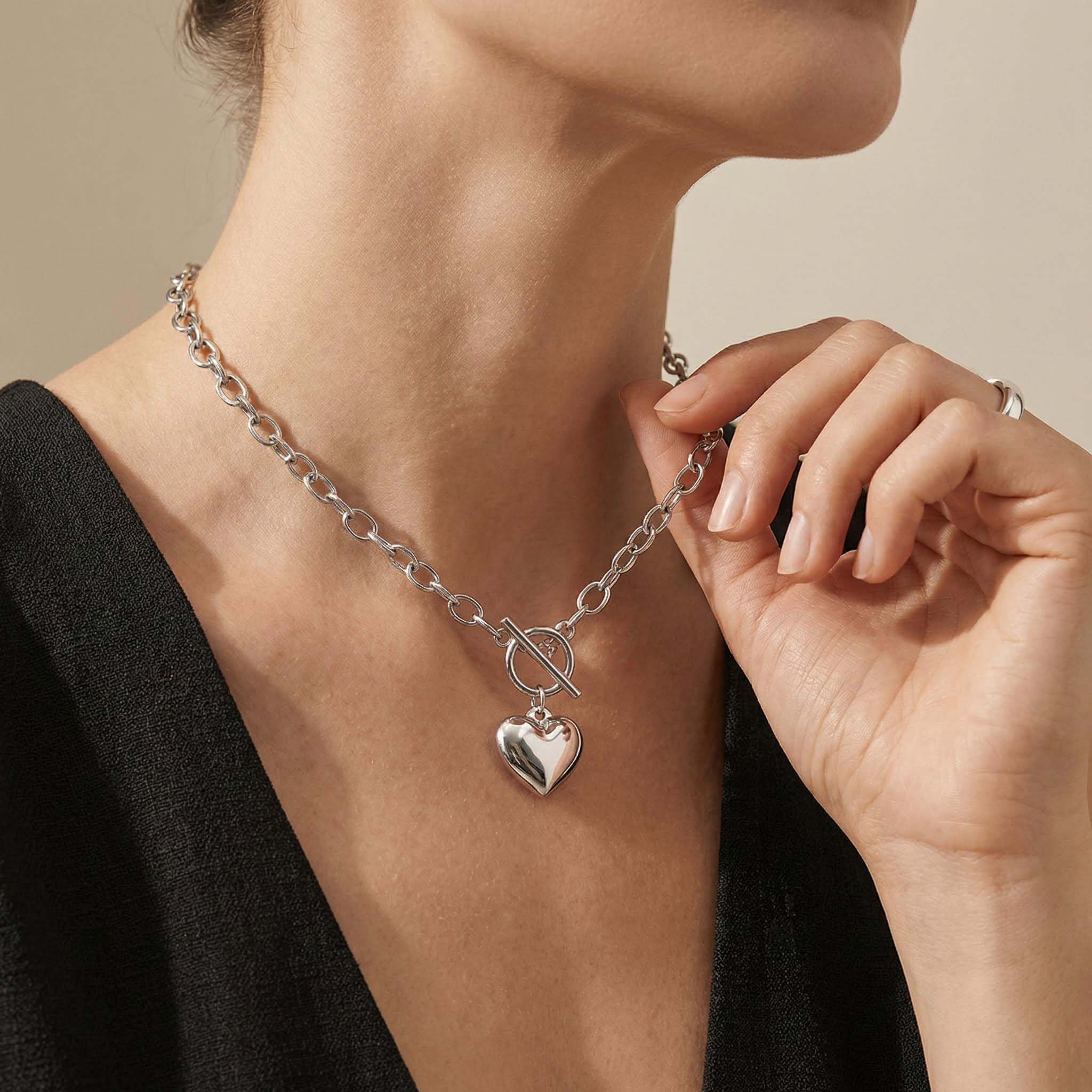  Women's Stainless Steel Heart Toggle Clasp Necklace