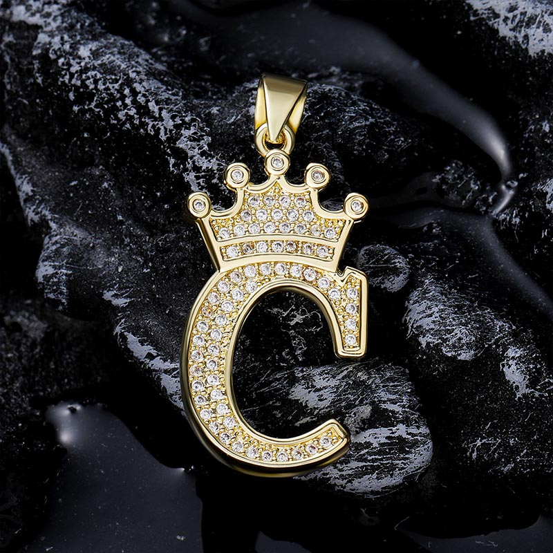Iced Crown Initial Letters Pendant in Gold