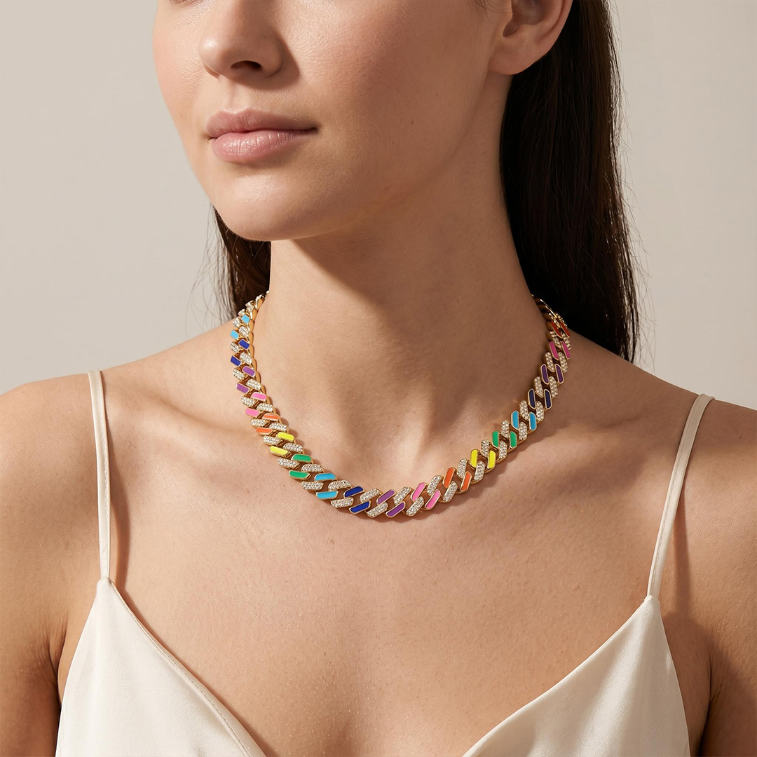 Women's 11mm Multi-Color Half-Iced Cuban Chain