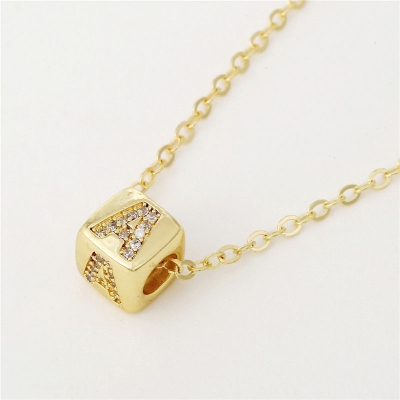 Micro Pave Initial Letter Cube Pendant Necklace