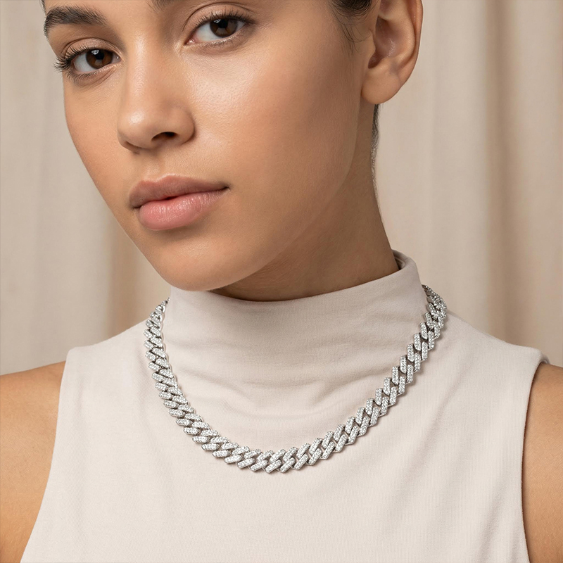 Women's Iced 14mm Miami Cuban Chain with Box Clasp in White Gold Women's Iced 14mm Miami Cuban Chain with Box Clasp in White Gold