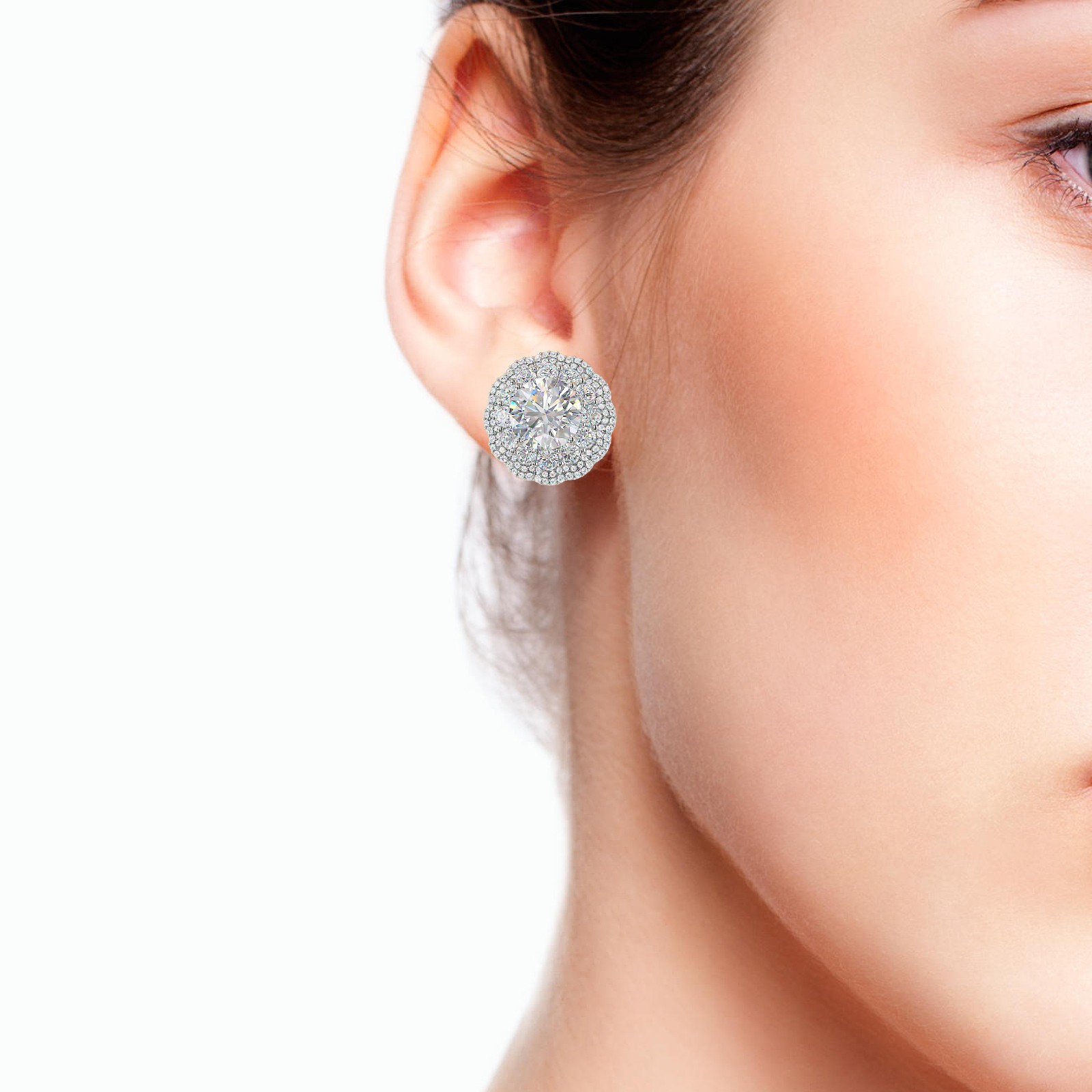 Round Cut Halo Stud Earrings in White Gold
