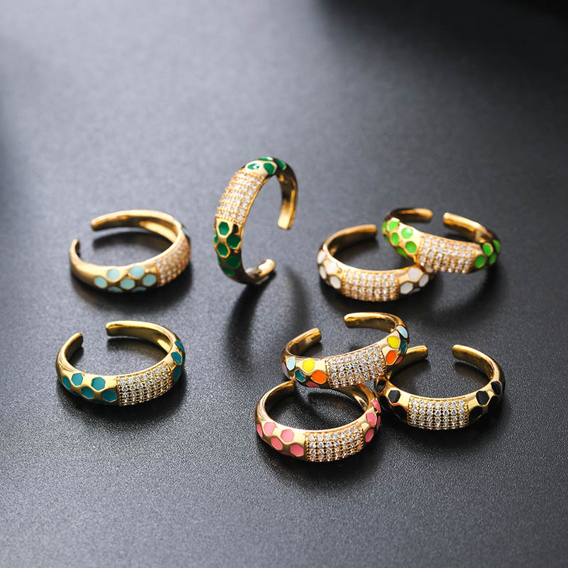 Honeycomb Colorful Enamel Gold Plated Open Ring