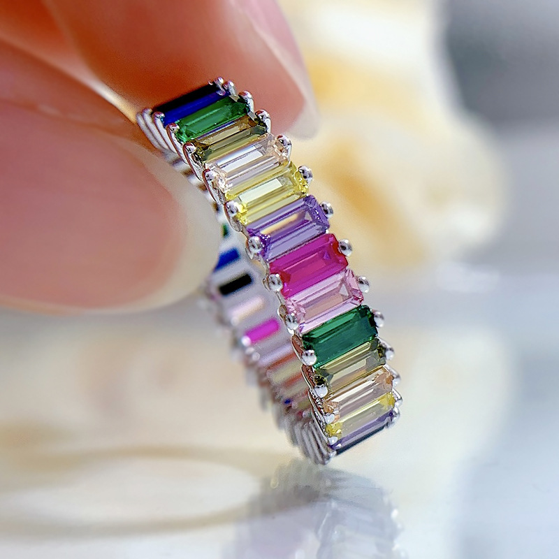 Multi-color Emerald Cut Sterling Silver Ring