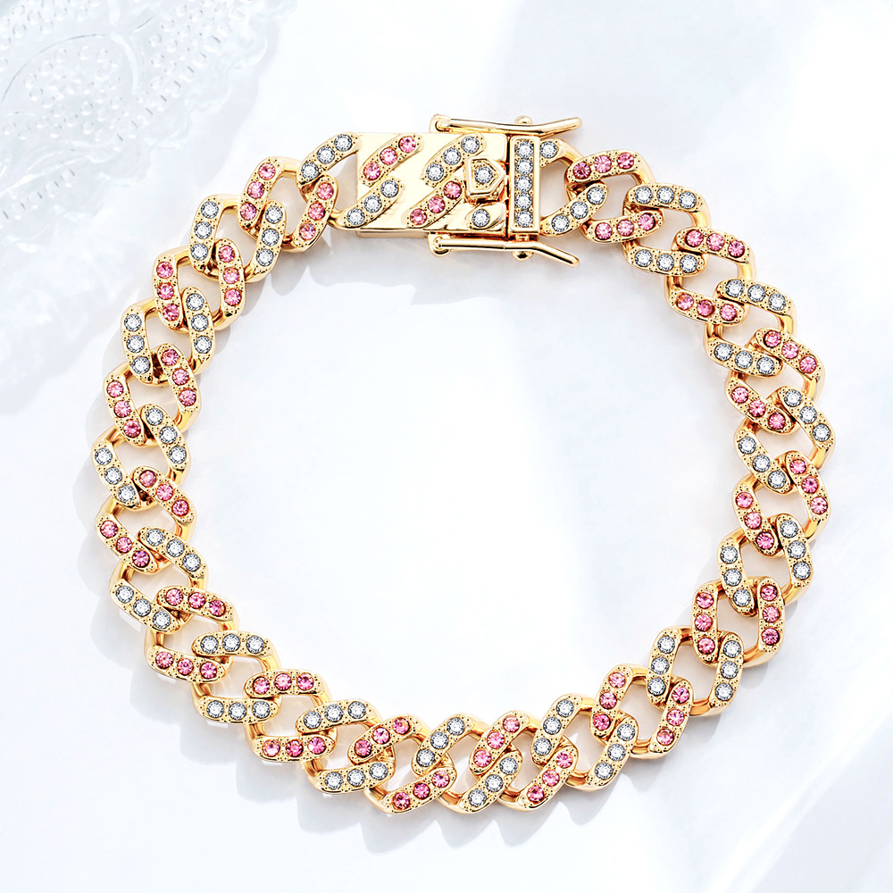 11mm White & Pink Stones Cuban Bracelet for Women