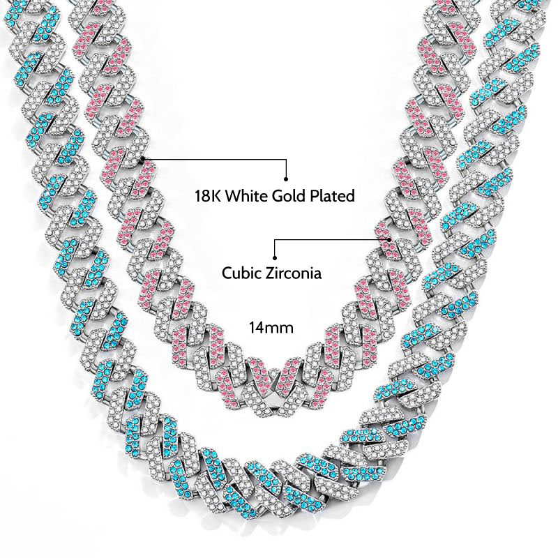Women's 14mm White & Blue Prong Cuban Chain in White Gold