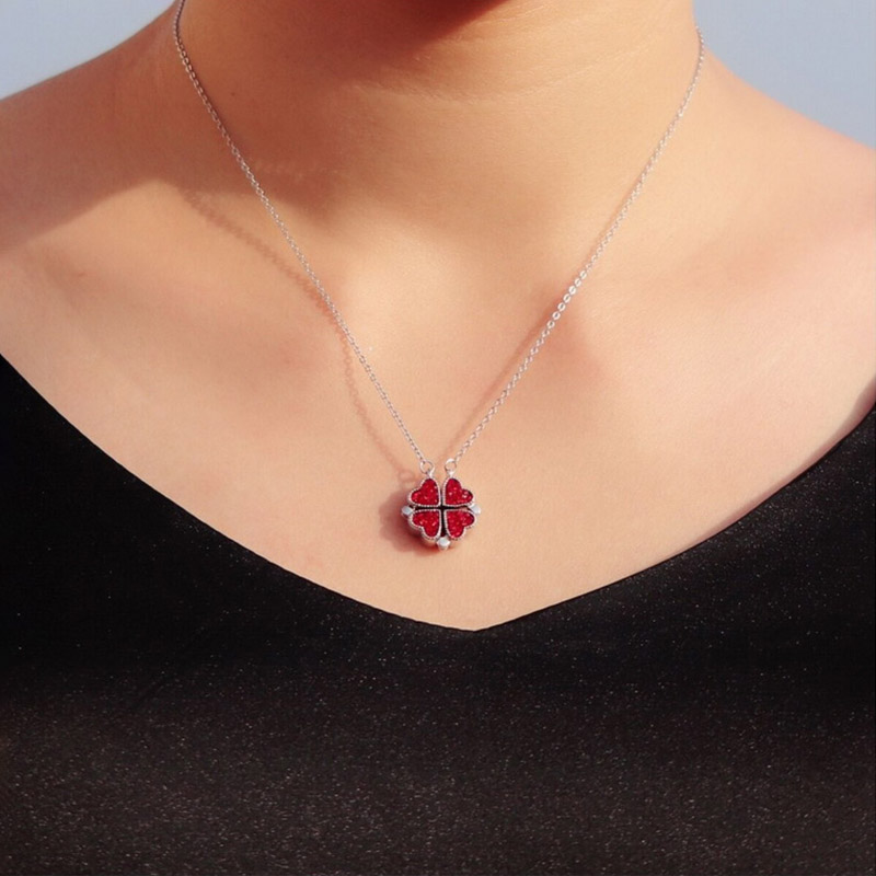 4 in 1 Micro Pave Double-sided Magnetic Four-Heart Clover Deformed Necklace