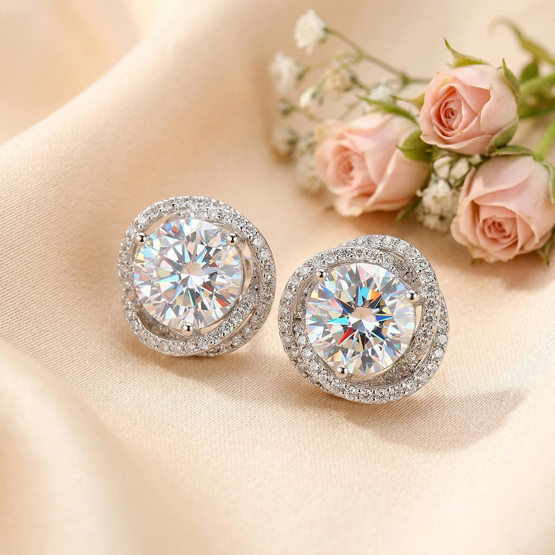 2.5CT Round Cut RoseTwist Halo Stud Earrings