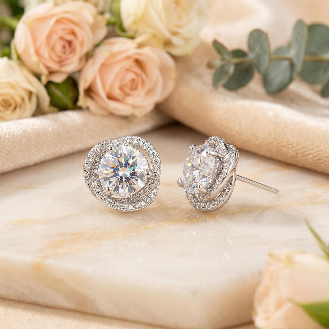 2.5CT Round Cut RoseTwist Halo Stud Earrings