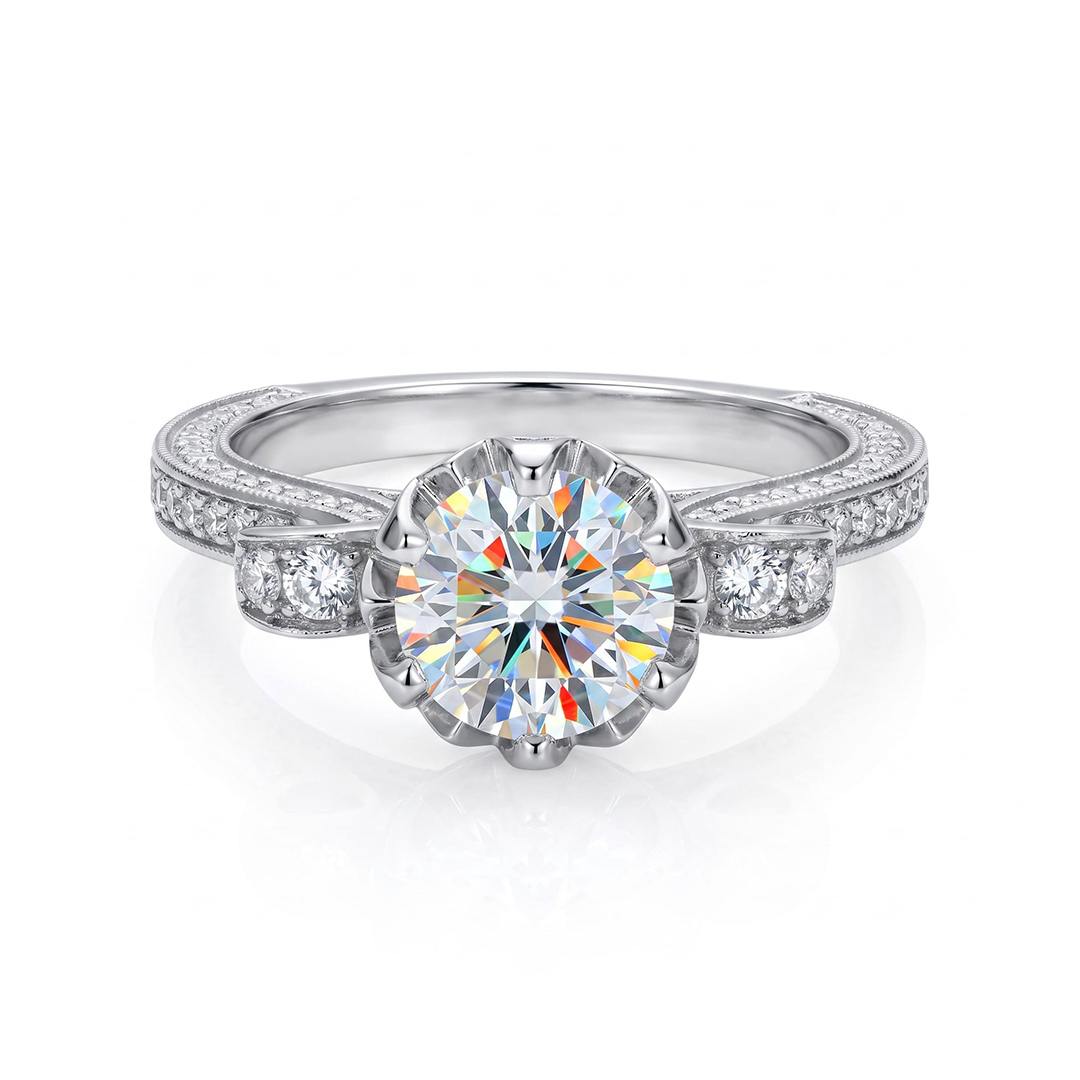Micro Pave Round Cut Flower Design Engagement Ring
