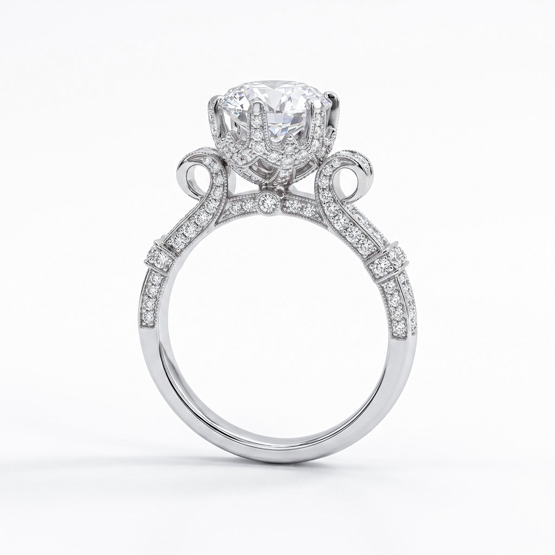 Micro Pave Round Cut Flower Design Engagement Ring