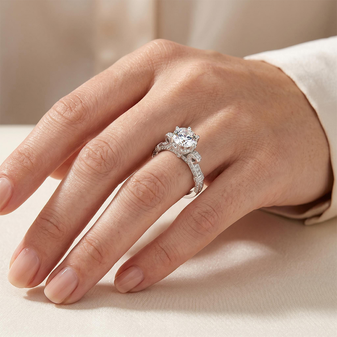 Micro Pave Round Cut Flower Design Engagement Ring
