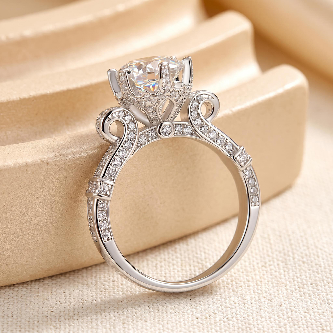Micro Pave Round Cut Flower Design Engagement Ring