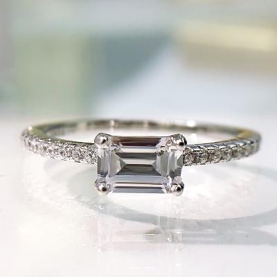  Emerald Cut White Stone and Halo Engagement Ring