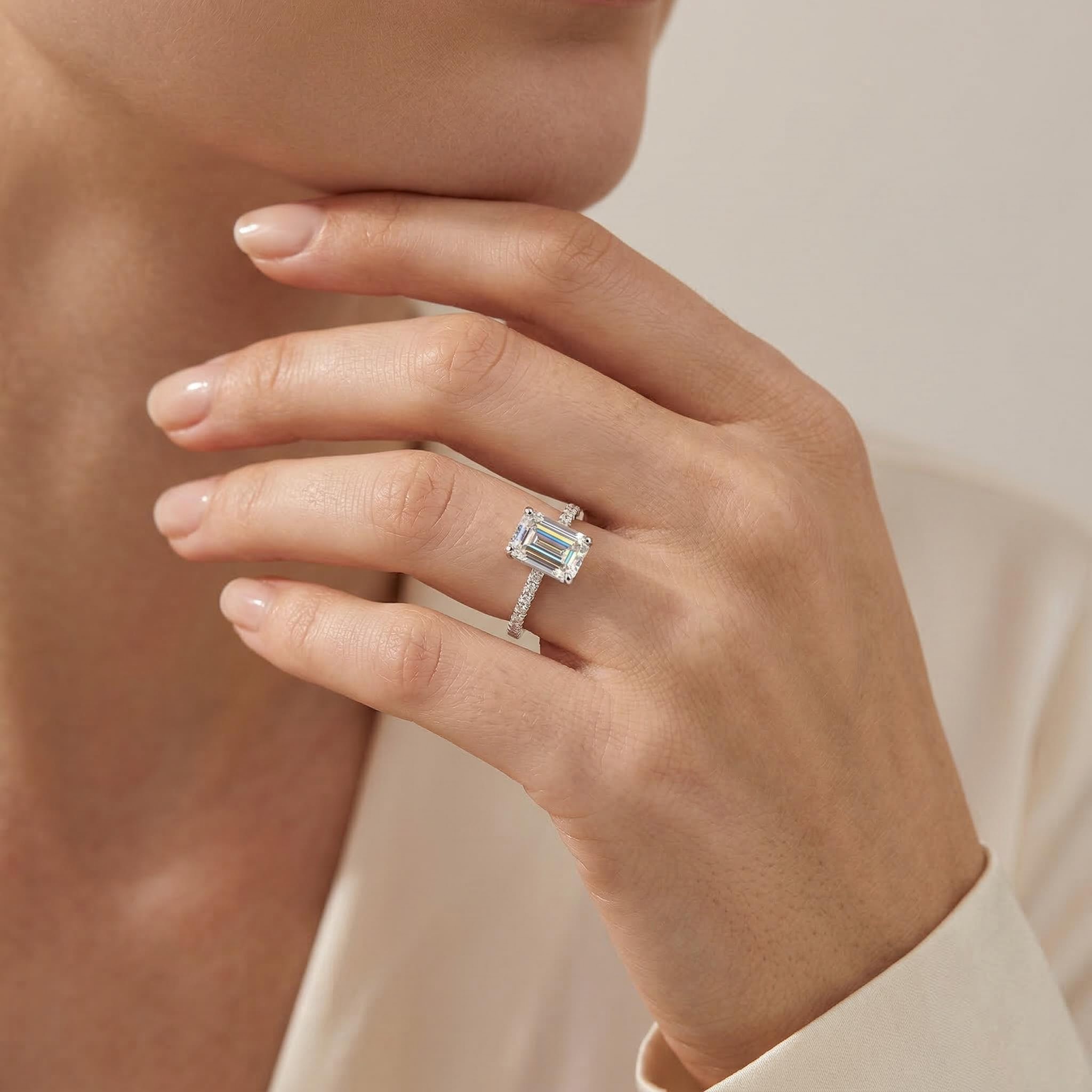  Emerald Cut White Stone and Halo Engagement Ring